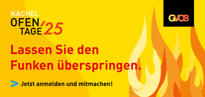 Gelbes und rotes Veranstaltungsbanner mit Flammen, deutschem Text und einem blauen Pfeil für die Anmeldung. - © GVOB